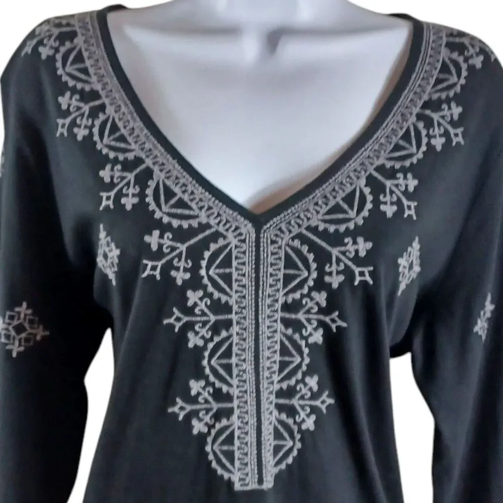 J. Jill Boho Embroidered Tunic Chic Top Sz M Black Boho V-Neck 3/4 Sleeve Cotton - Picture 4 of 9